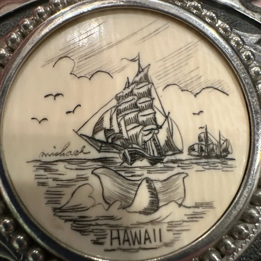 Vintage Hawaii Silver Belt Buckle Ship Whale Tail Michael Signature Ivory Hammer